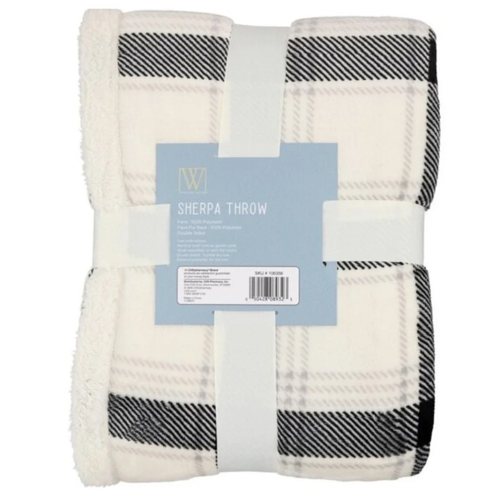 Wayland Sherpa Throw Plush Blanket Warm Soft Luxury Black White Plaid 50x60